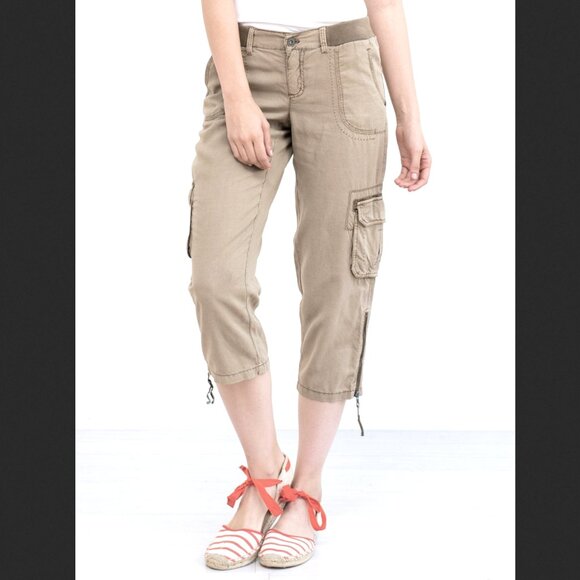 Anthropologie Marrakech Julia‎ Tencel Linen Cargo Capri Pants in Tan Sz 27 NWOT - Picture 1 of 12